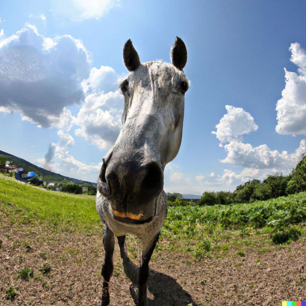 a horse, photograph taken with a fisheye lens, 10mm